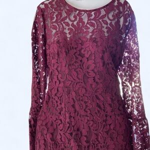 Lulus Burgundy lace dress with sheer sleeves and hem M